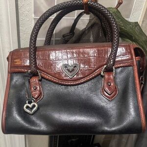 Vtg Brighton Doctors Black Brown Satchel Leather Handbag Heart Classic